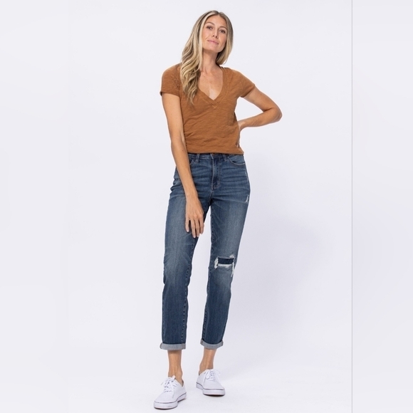 Judy Blue High Rise Patched Knee Slim Straight Cuffed Boyfriend Fit Jeans 24 - Picture 1 of 17